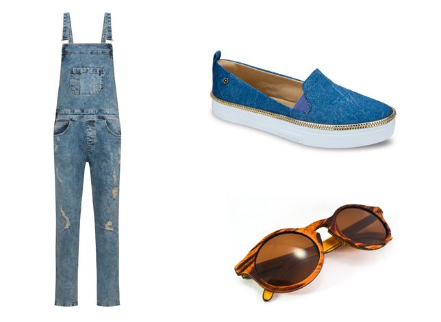 Rústico: (1) Jardineira jeans C&A R$179, (2) Flat Petite Jolie R$134 e (3) óculos Iódice e Sunset Wood R$390